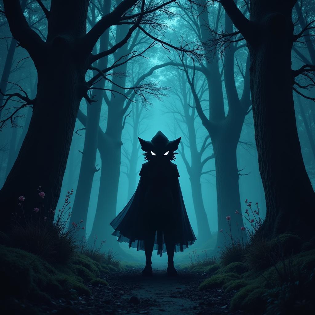 Digital illustration of a Hex Maniac in a dark and mysterious forest, surrounded by Ghost-type Pokémon