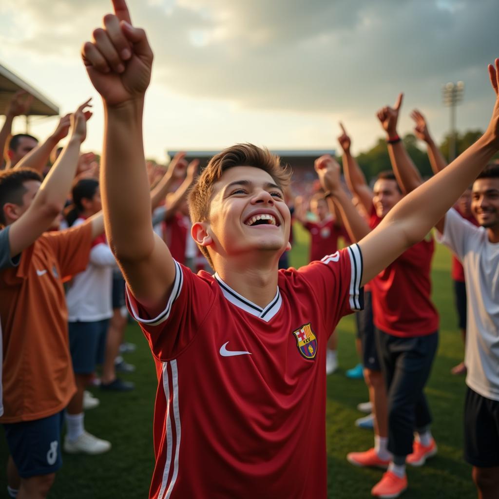 A young footballer celebrating a goal with fans