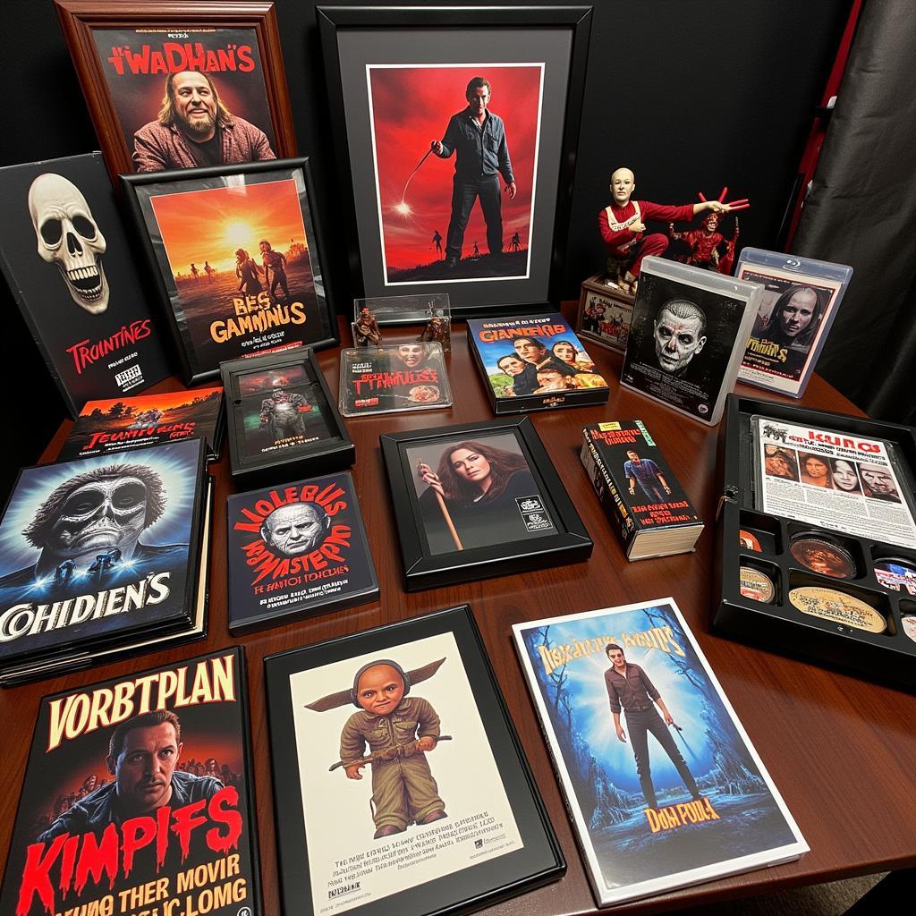 A collection of horror movie DVDs and memorabilia