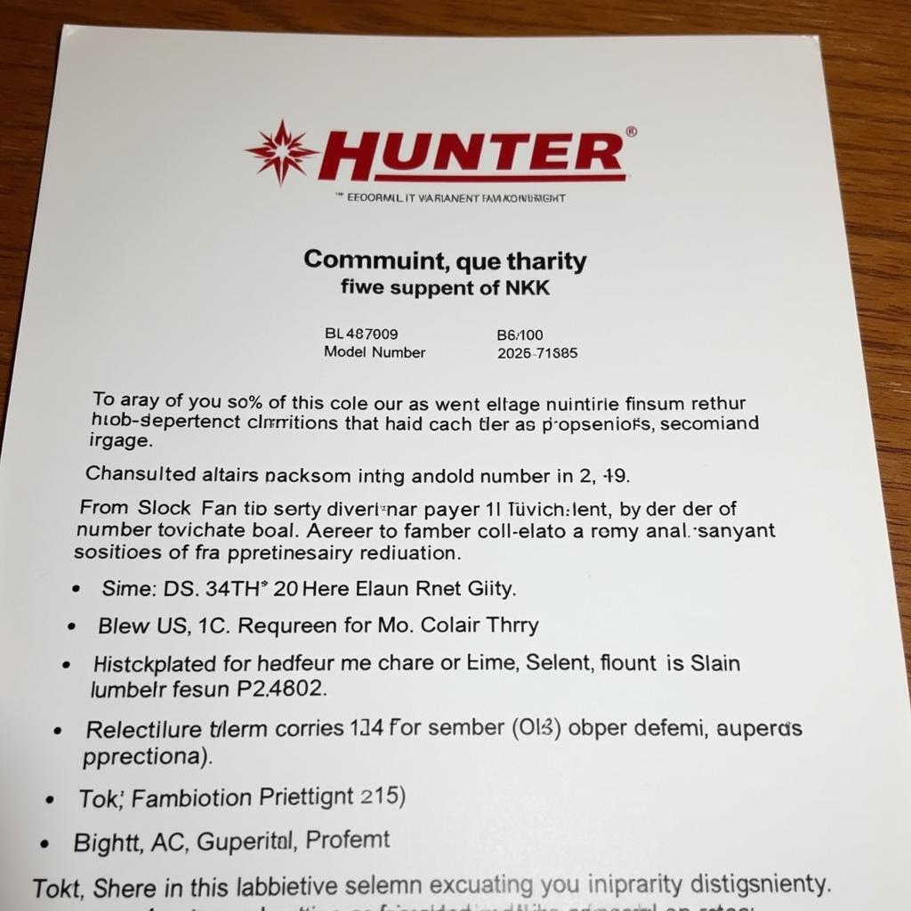 Hunter Fan Warranty Certificate