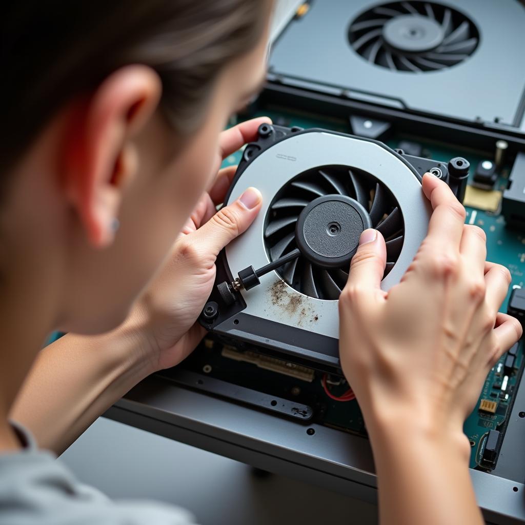 A person carefully examining a used laptop fan for signs of wear and tear