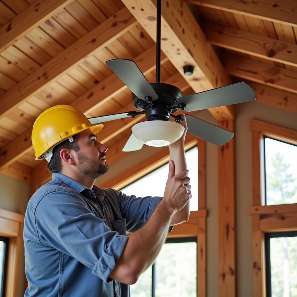 Electrician installing a ceiling fan in a home with exposed wood beams, typical of mountain architecture