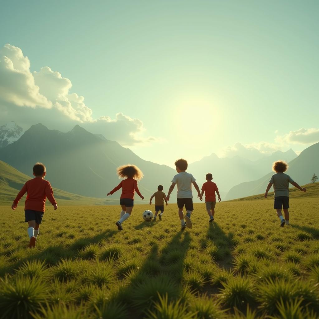 Children playing football in a vast field, mirroring Interstellar's exploration