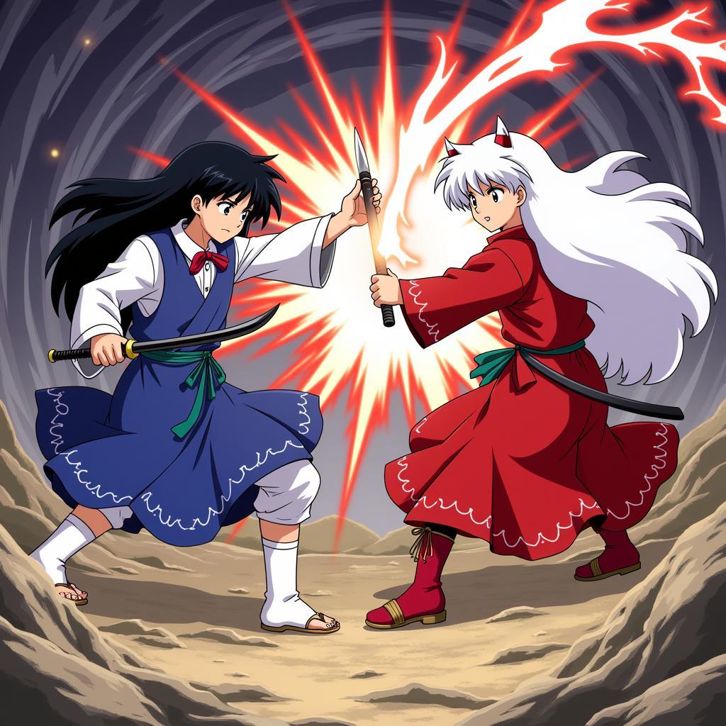 Inuyasha and Sesshomaru locked in battle