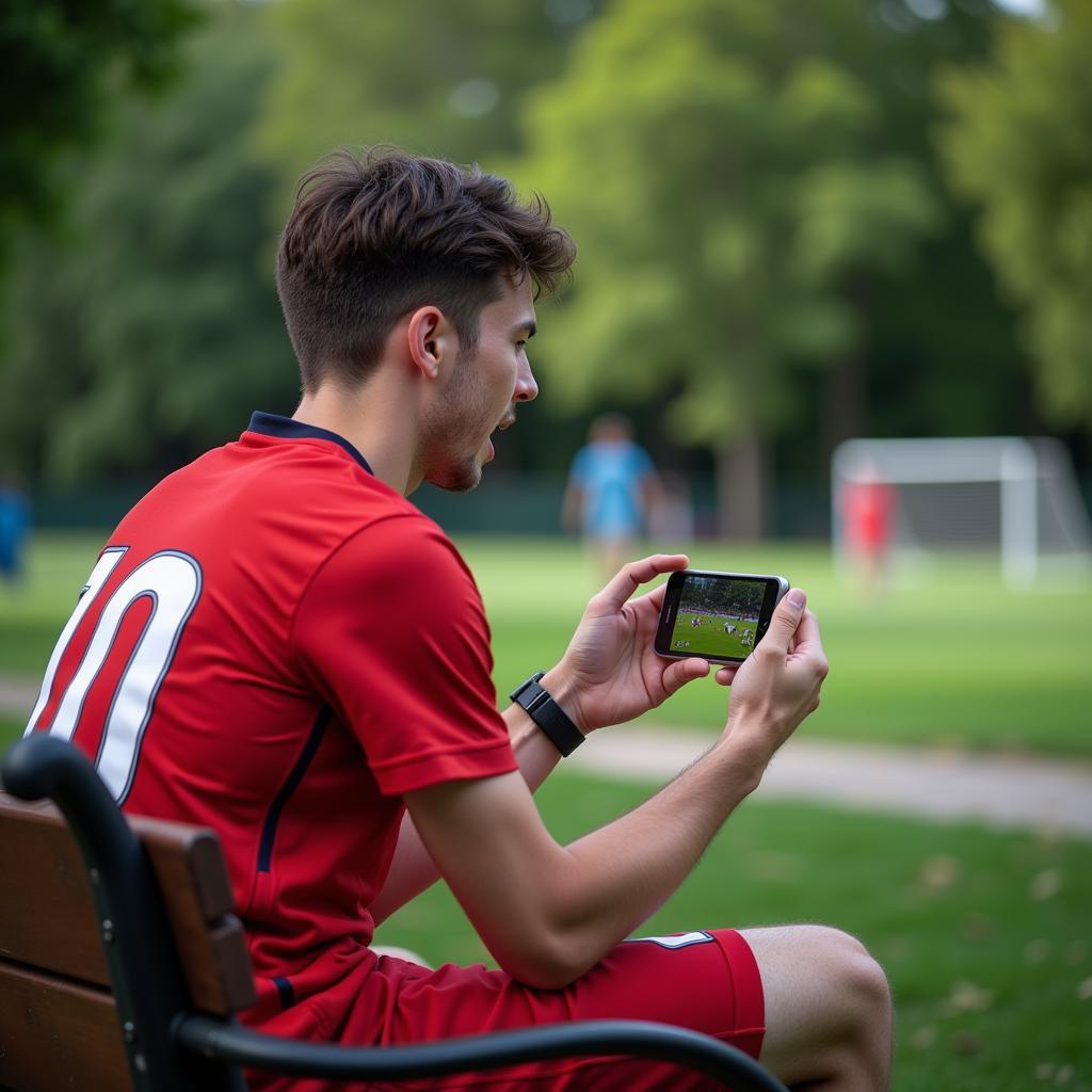 Football Fan Using iPhone to Watch Match