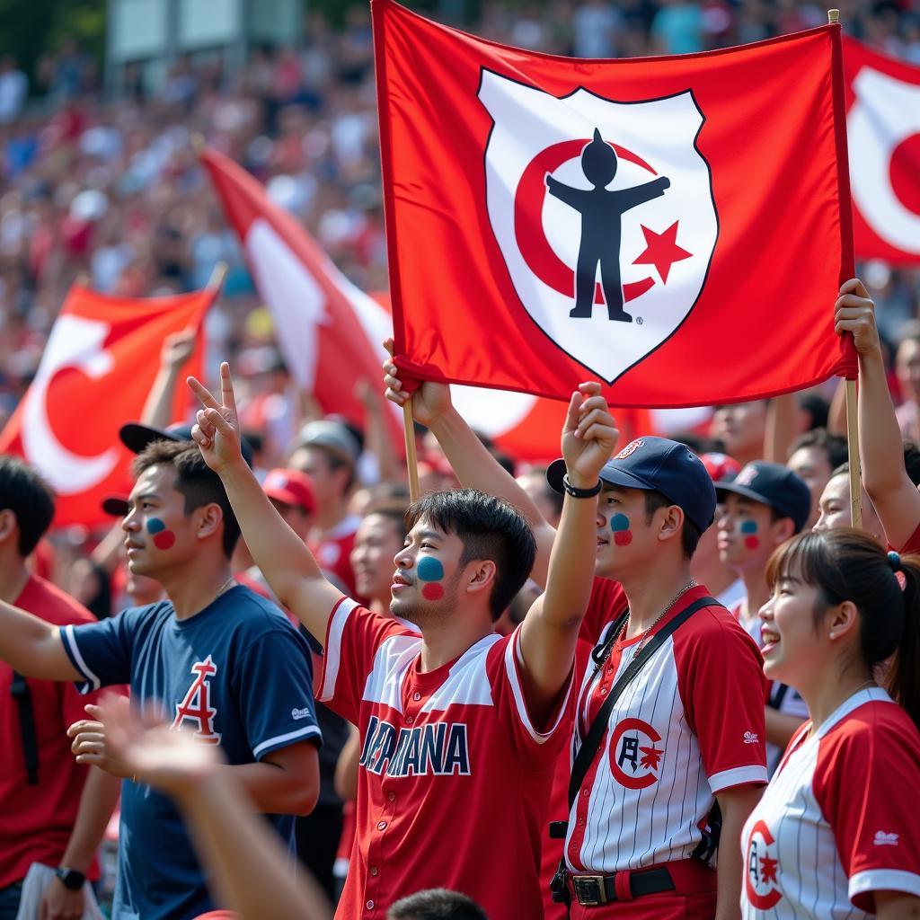 Japanese baseball fans enthusiastically waving team flags in the stands