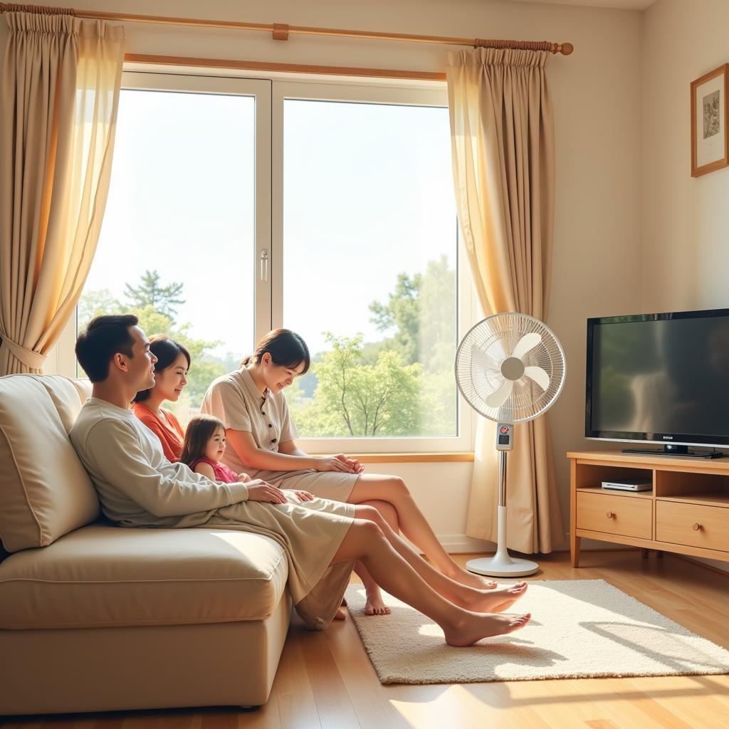 Japanese Family Enjoying the Breeze from an Electric Fan