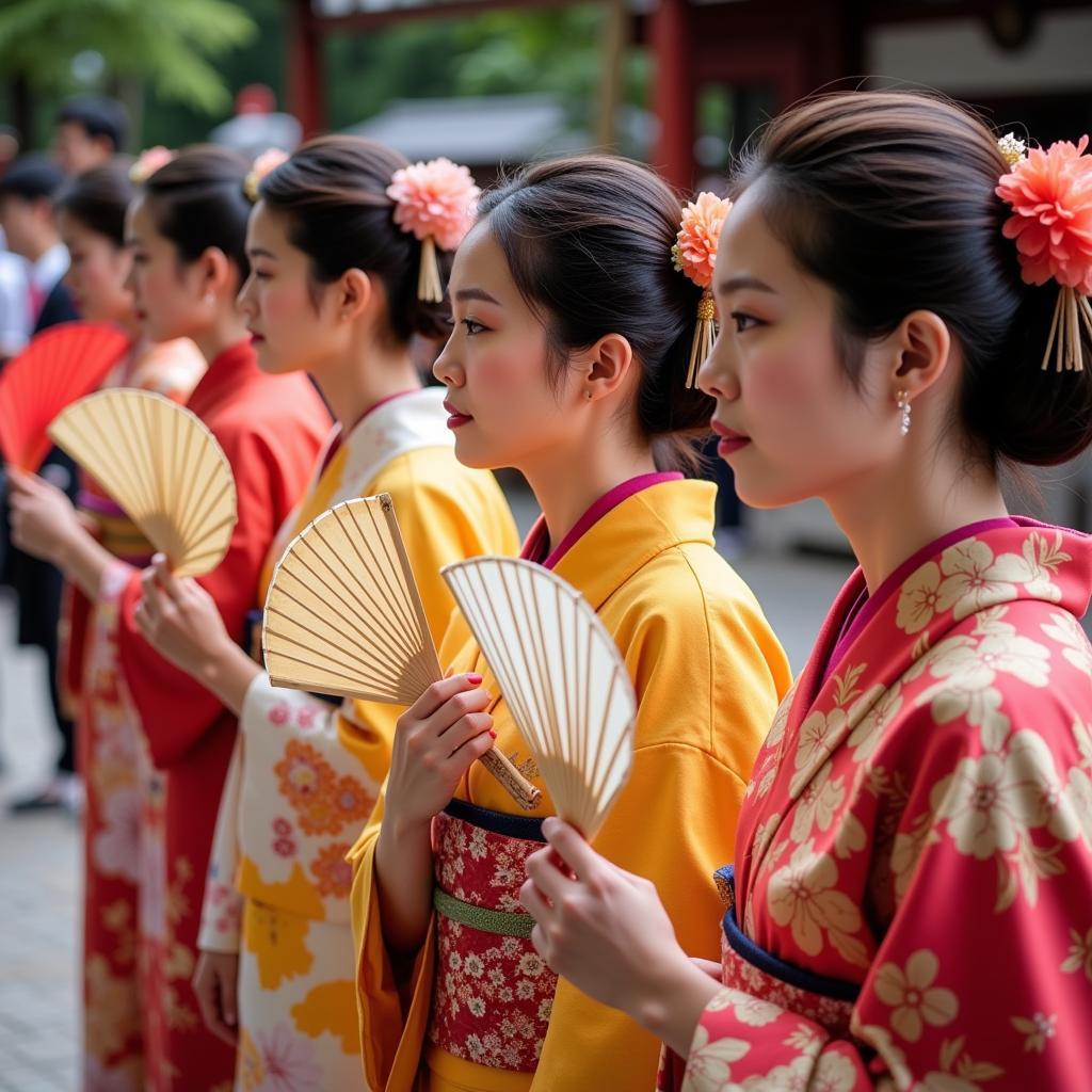 Women in Traditional Kimonos Holding Japanese Fans During a Ceremony