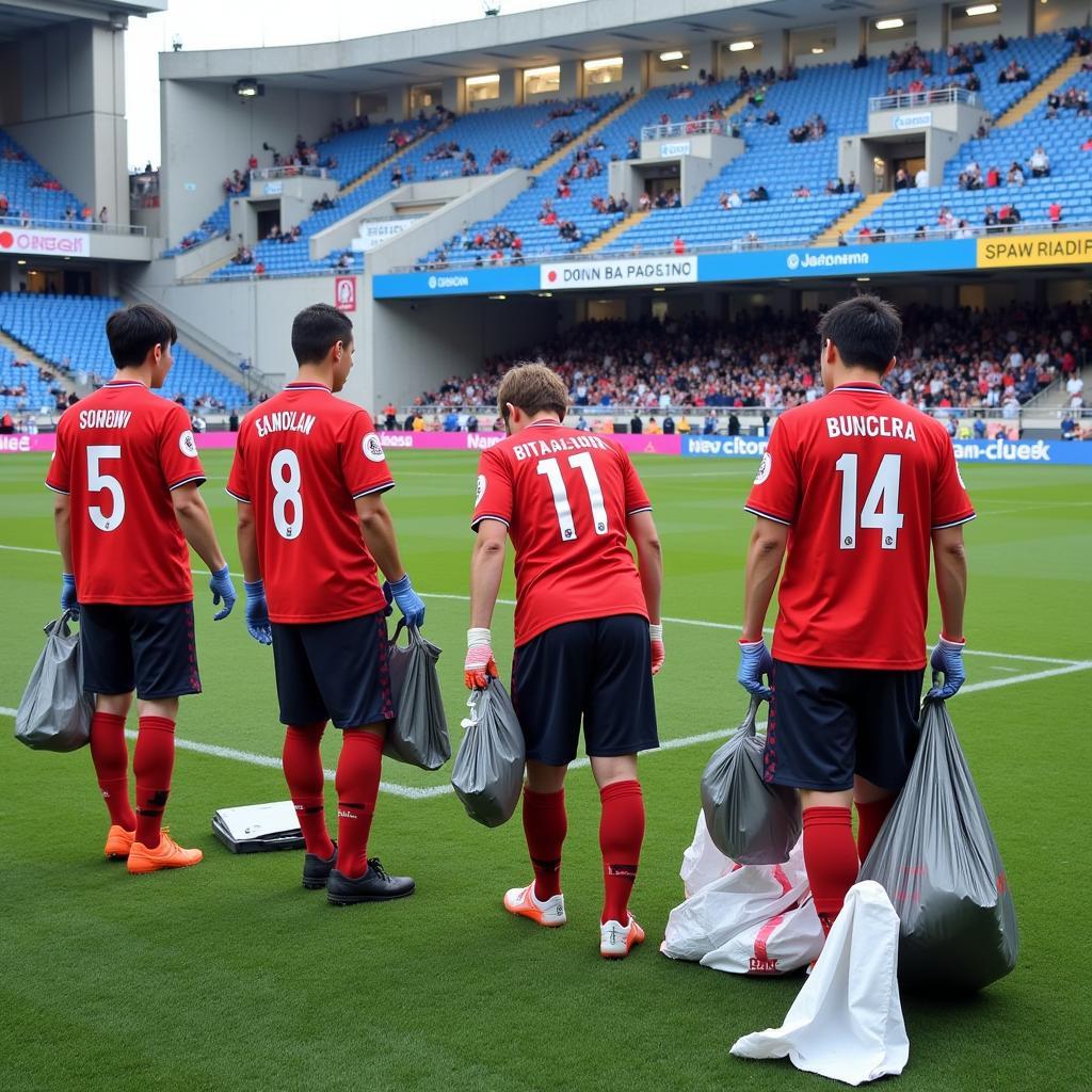 Japanese fans cleaning the stadium after a match