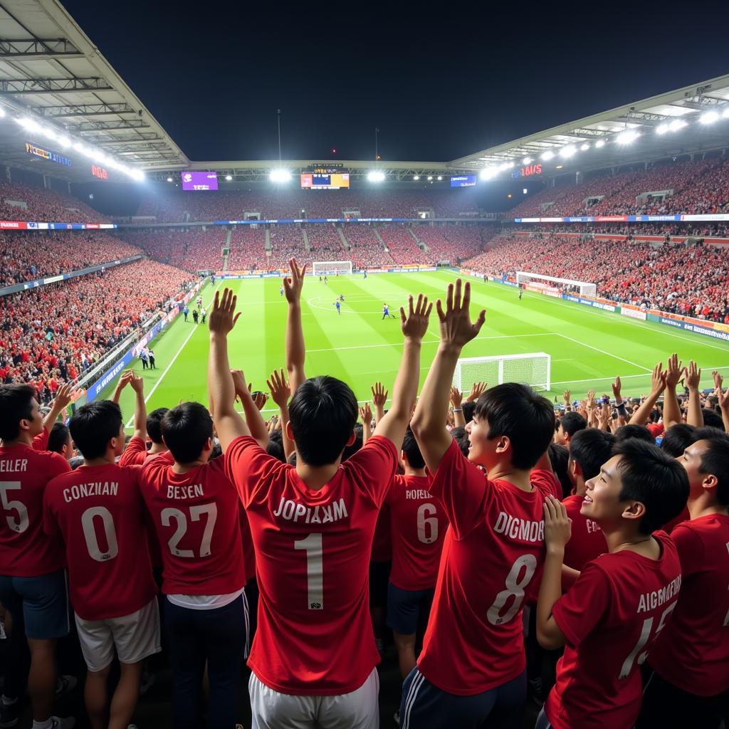 Japanese football fans cheering enthusiastically in a stadium