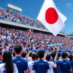 Japanese football fans cheering enthusiastically in a packed stadium