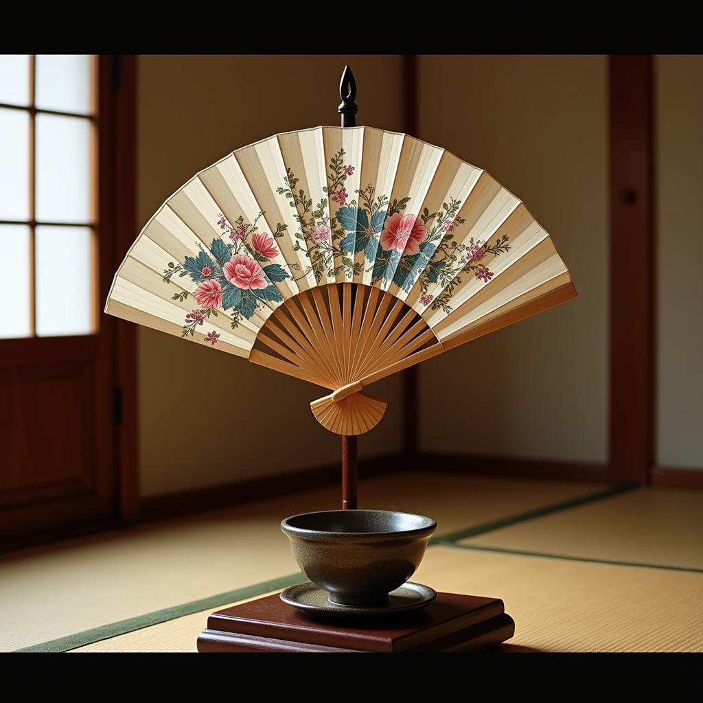 A group of individuals in traditional Japanese attire participating in a tea ceremony, with a prominent display of a war fan in the background.