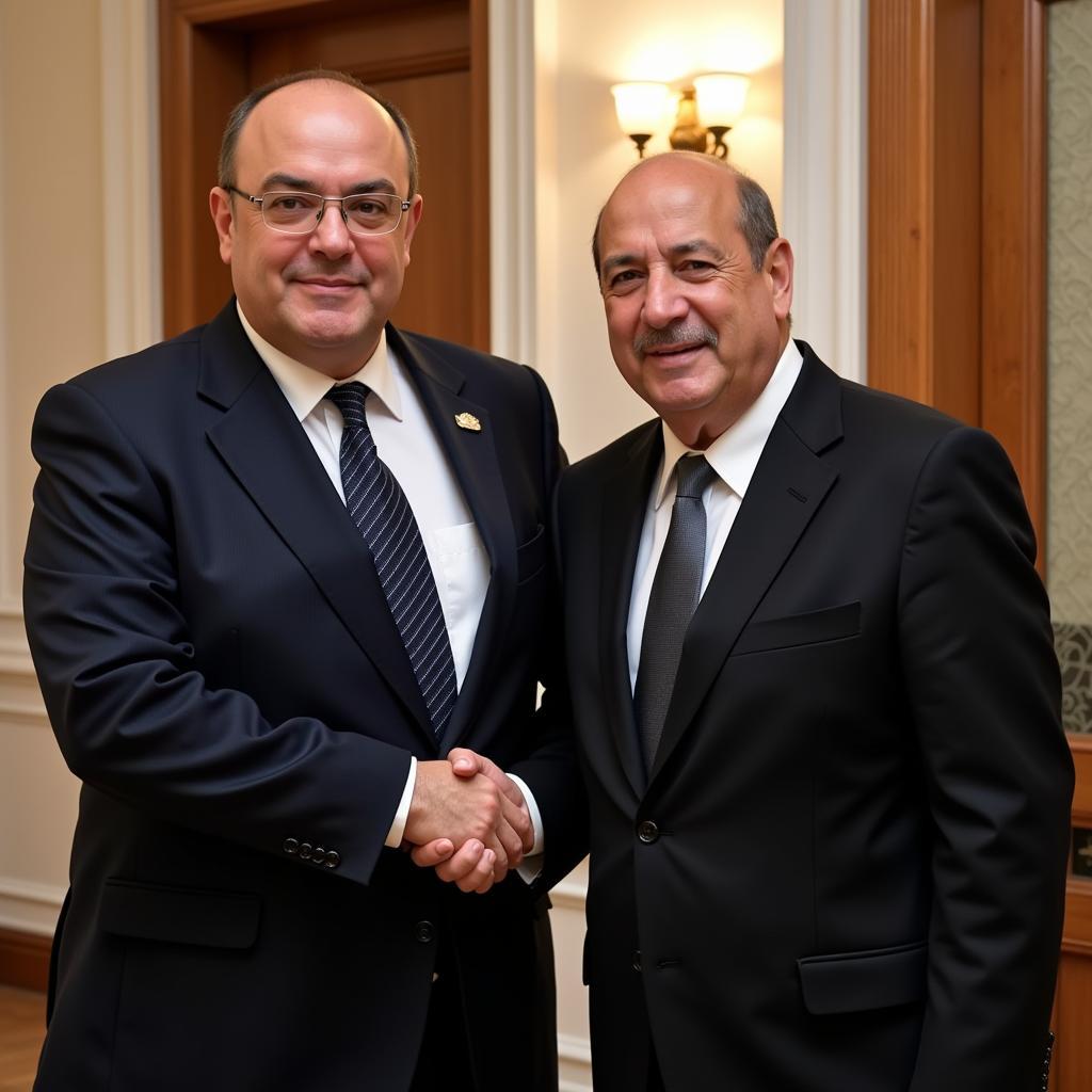 Javier Tebas and Florentino Perez shaking hands at a meeting