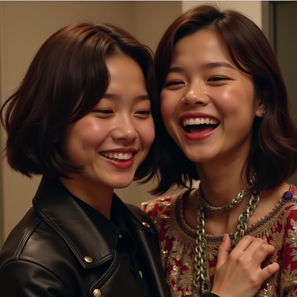 Jeongyeon and Nayeon sharing a laugh backstage