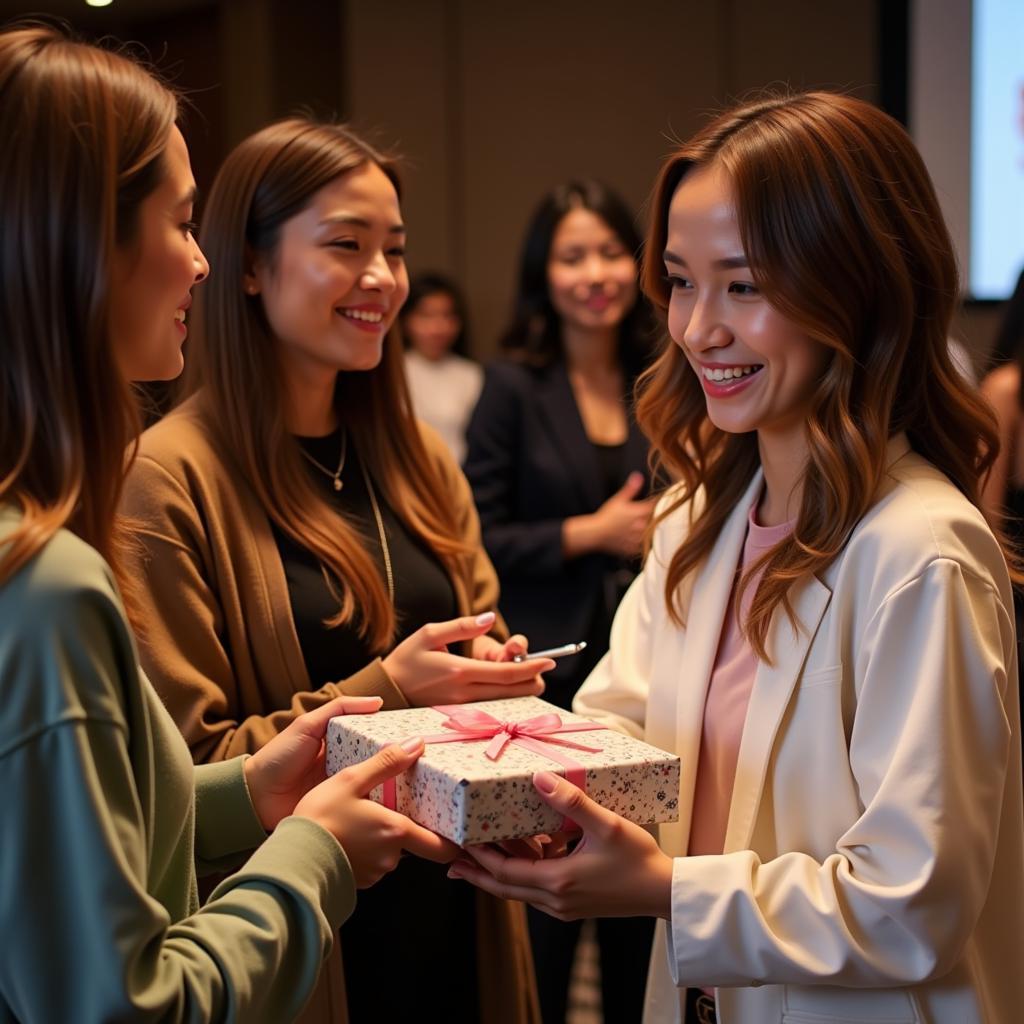 Jessica receiving a gift from a fan at her 2016 fan meeting