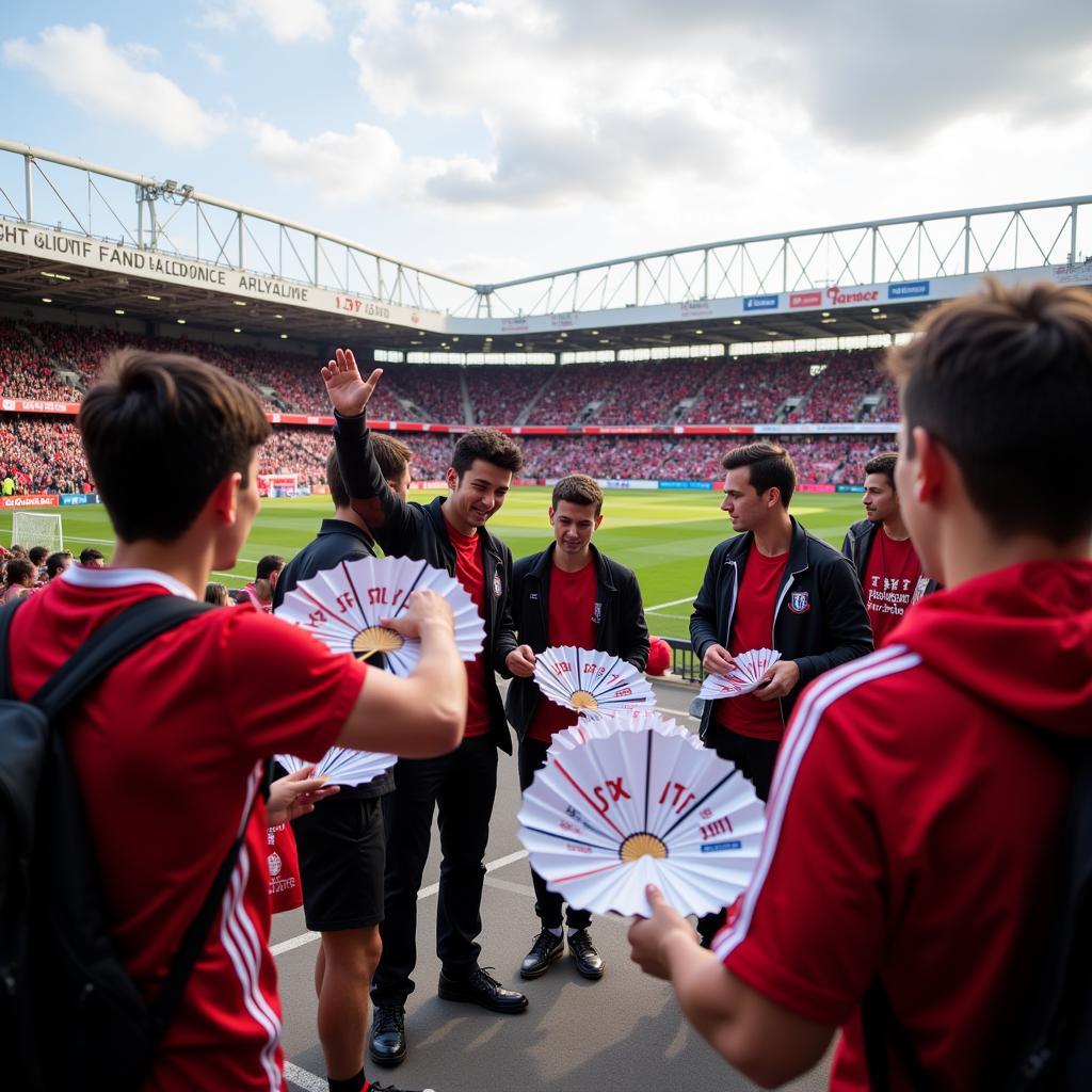 JFA Fans Exchanging Papers at a Match