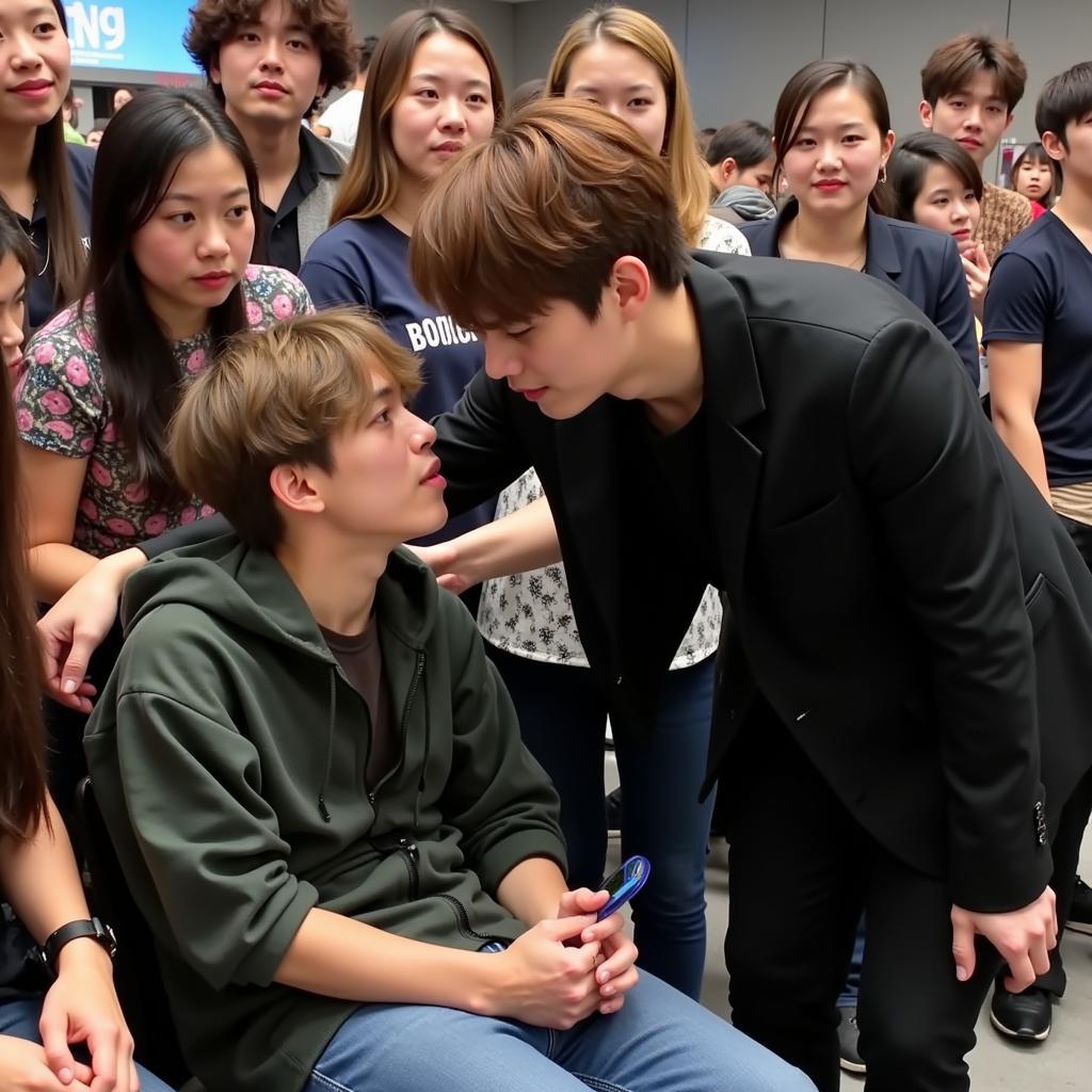 J-Hope helping a fan at a fan meeting