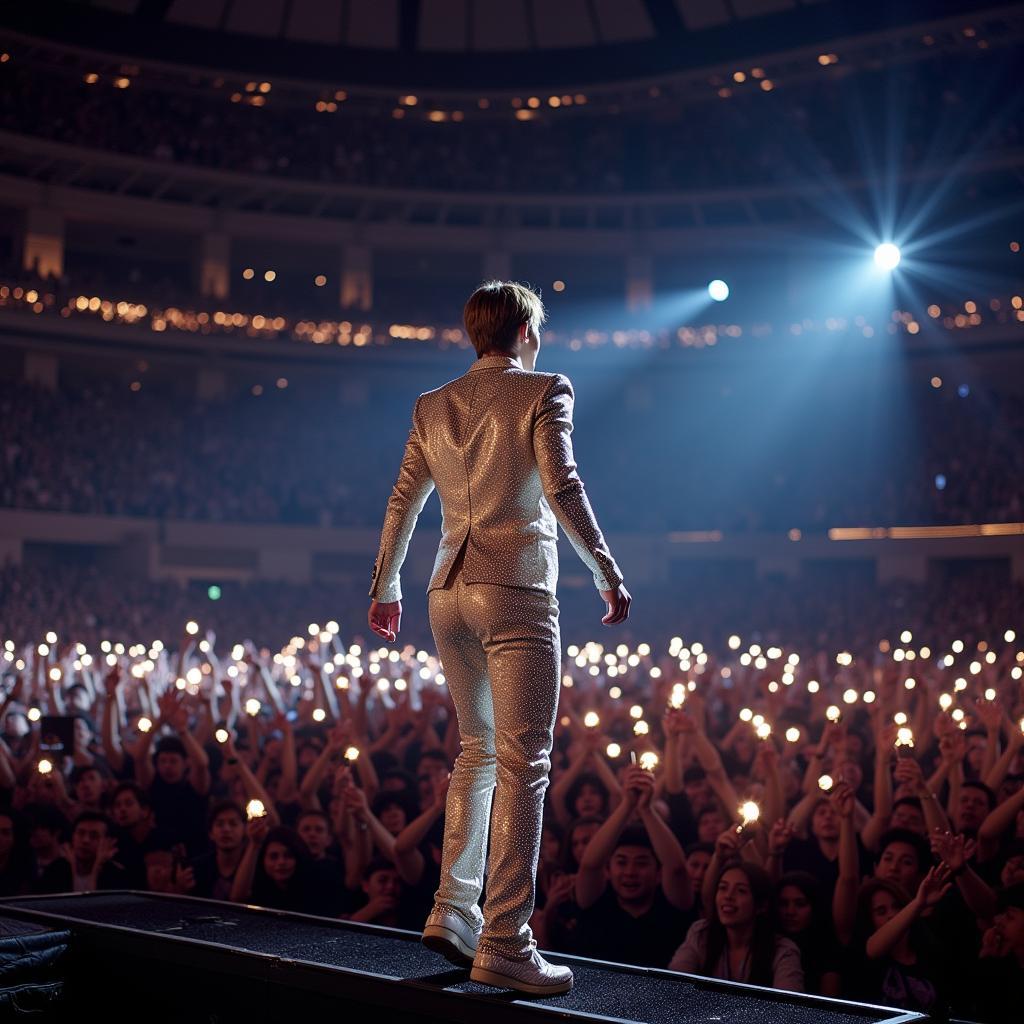 Jimin captivates the audience with his stage presence during a BTS concert.