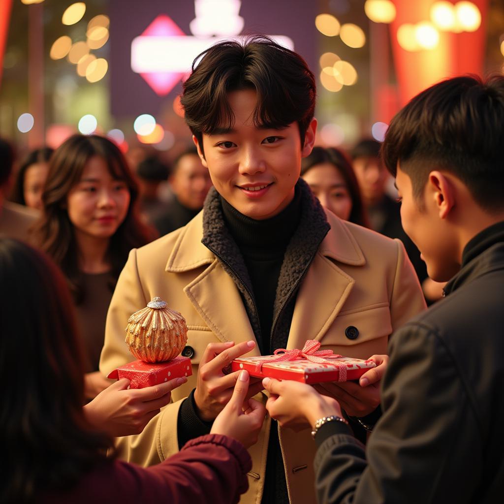 Jin receiving gifts from fans at a fan meeting