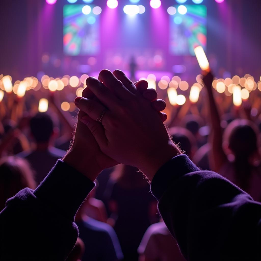 Jungkook holding hands with a fan during a concert