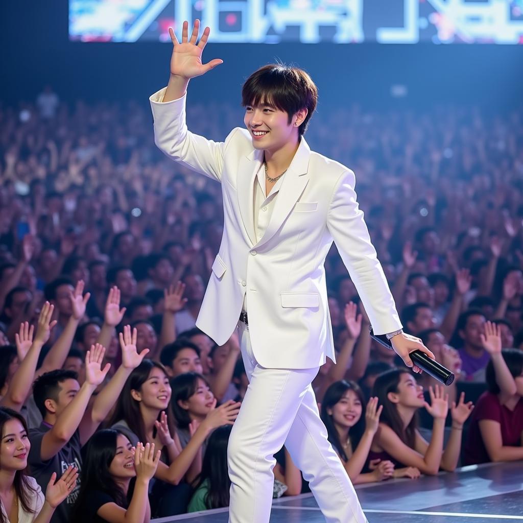 Jungkook waving to fans during a concert