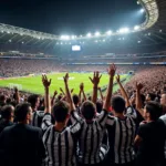 Juventus fans celebrating in a packed stadium