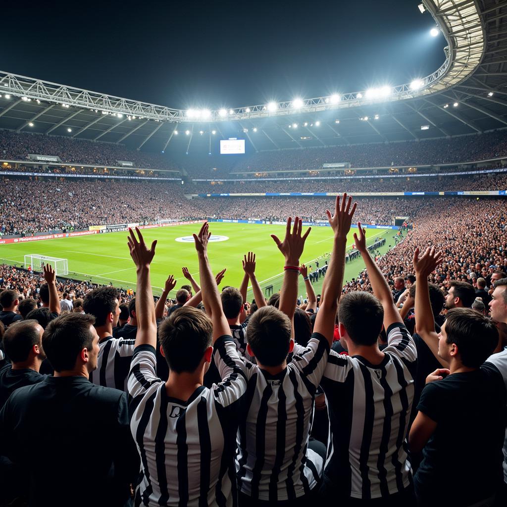 Juventus fans celebrating in a packed stadium