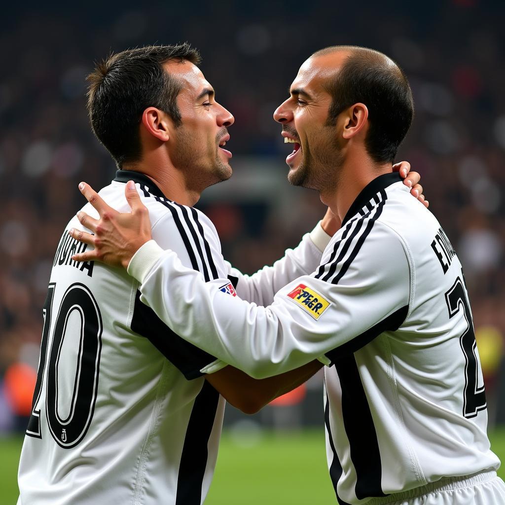 Juventus legends Alessandro Del Piero and Zinedine Zidane celebrating a goal.