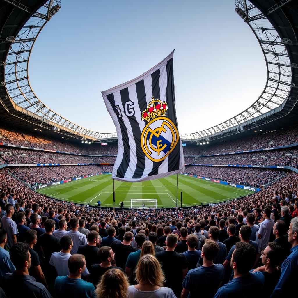 Juventus and Real Madrid fans display a banner symbolizing the two clubs' intertwined history.