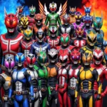 A collage of various Kamen Riders through the years