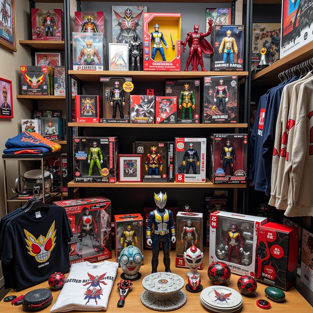 A collection of Kamen Rider merchandise, including action figures, belts, and other collectibles.