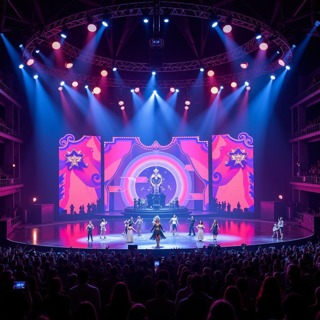 Katy Perry performing on a vibrant, colorful stage