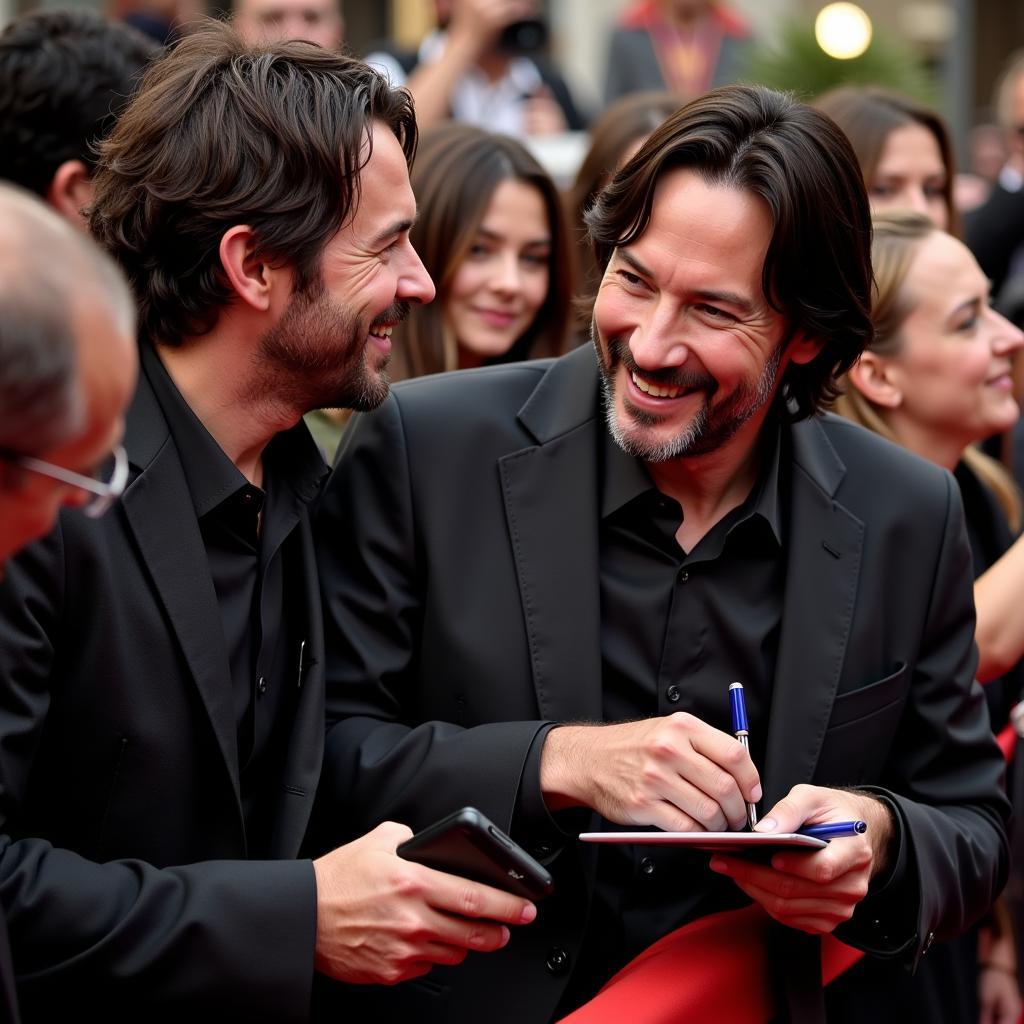 Keanu Reeves signing autographs and interacting with fans at a movie premiere