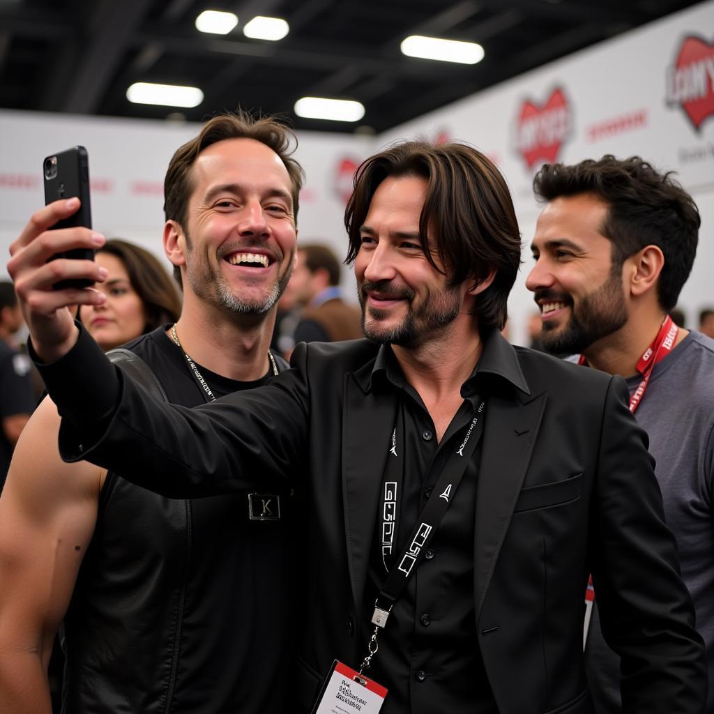 Keanu Reeves taking a selfie with a fan at a comic convention