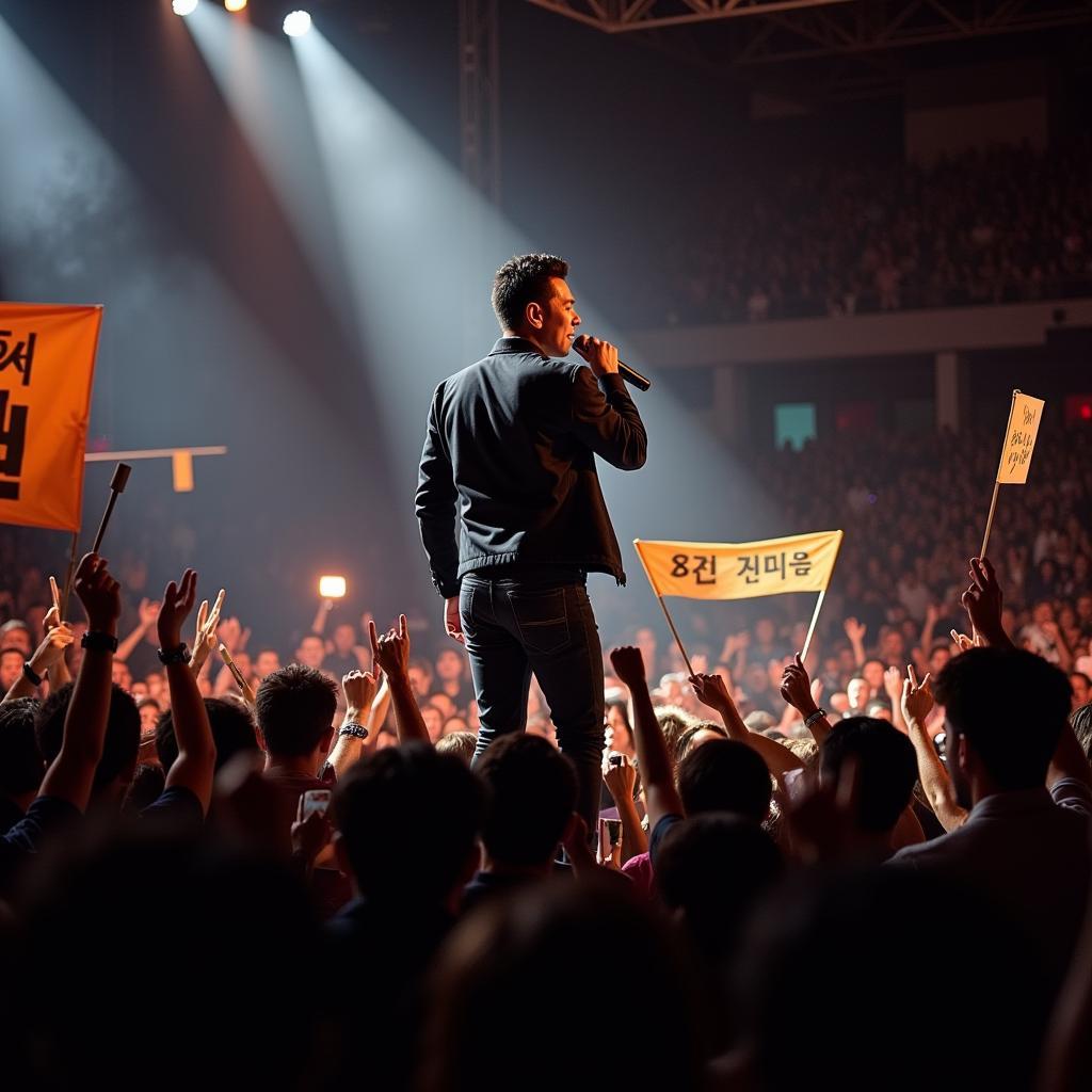 Kim Jong Kook singing passionately on stage during a fan meeting