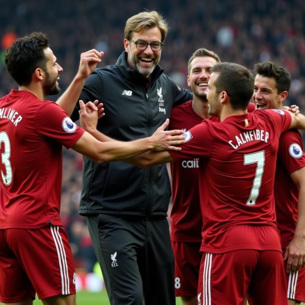 Jurgen Klopp celebrates with Liverpool players after reaching the Europa League final