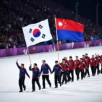 Korean athletes marching under the Unification Flag