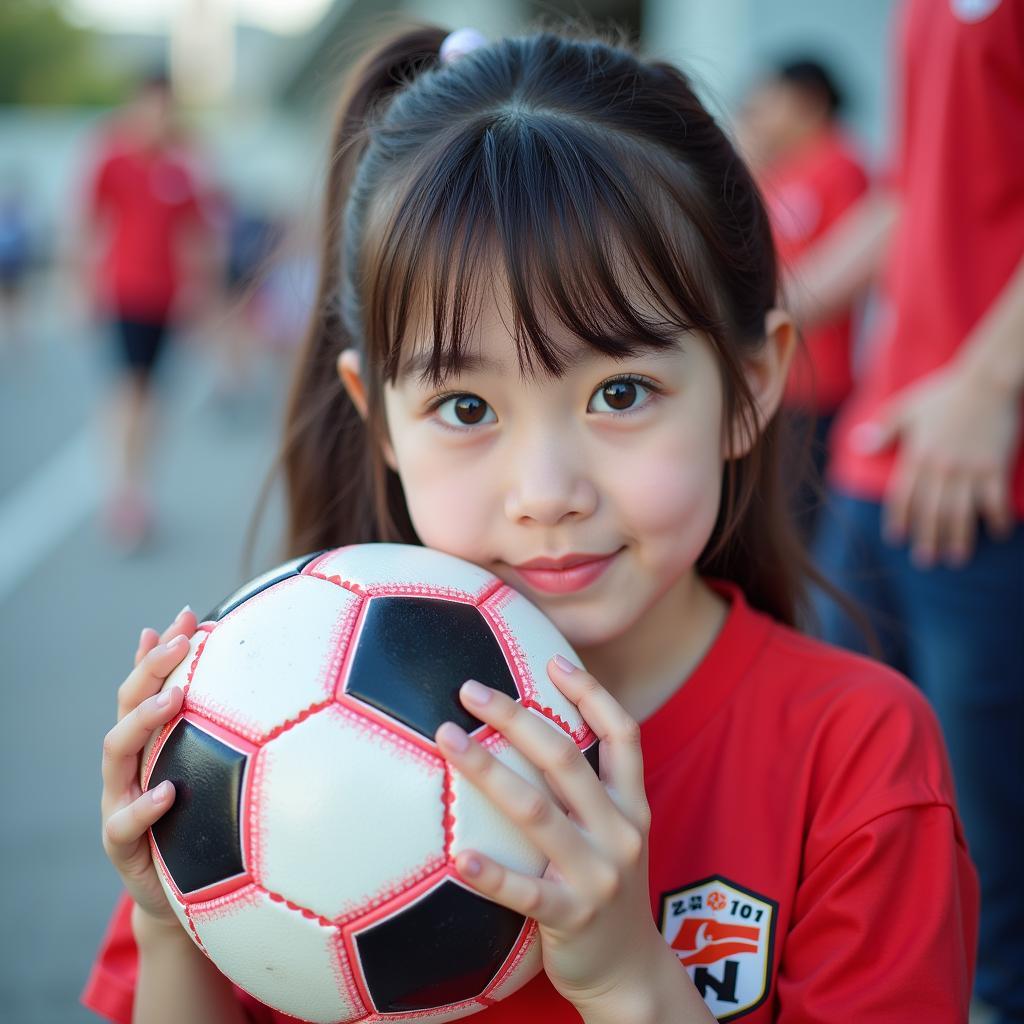 Young Korean Girl Holding a Football