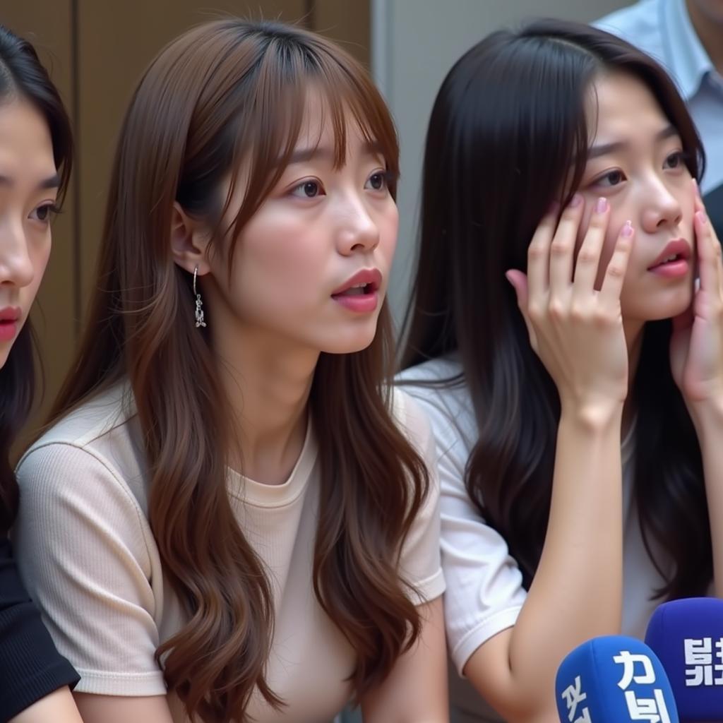 K-Pop artists at a press conference looking concerned