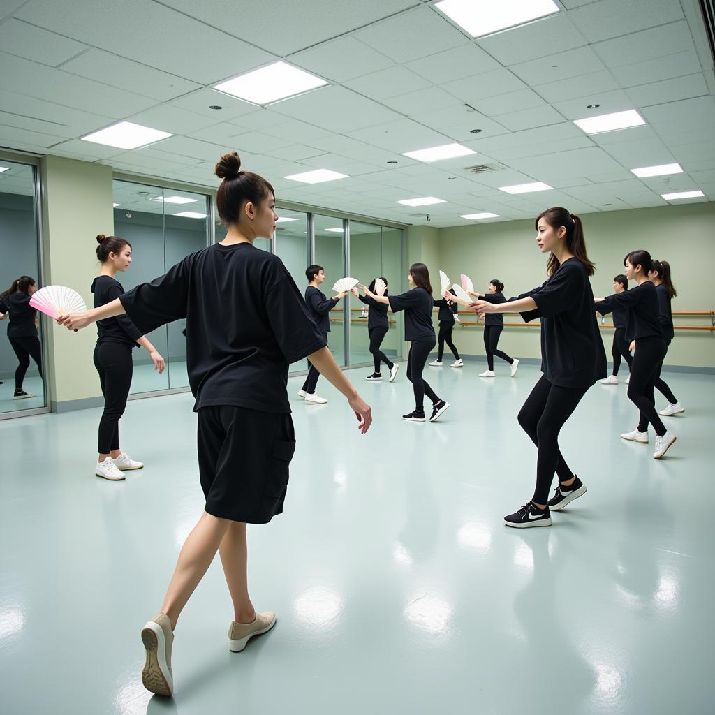 Kpop trainees practicing in front of a mirror