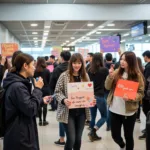 Kpop fans welcoming their idols at the airport with banners and gifts.