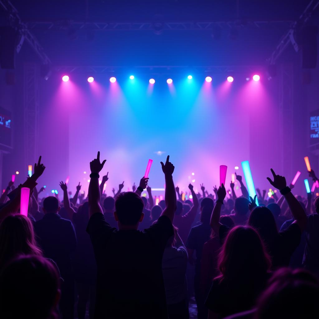 A group of K-Pop fans holding up illuminated lightsticks at a concert