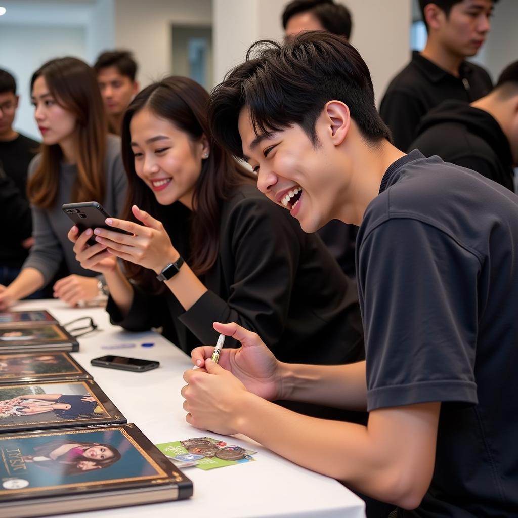 Kpop idol laughing with a fan during a fansign event.