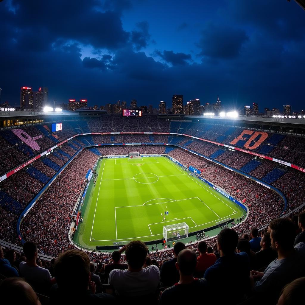 La Liga night match with city skyline