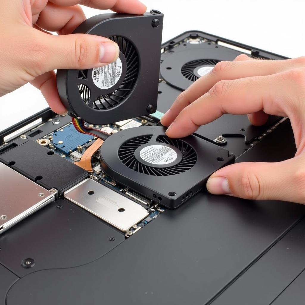 Laptop fan being carefully removed from a disassembled laptop