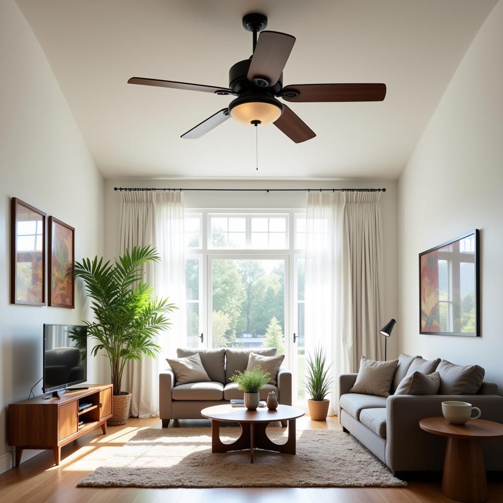 Large living room with a ceiling fan