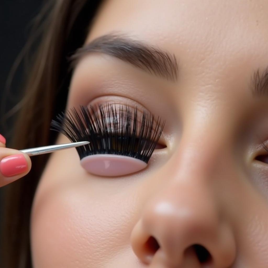 Lash technician creating a fan of volume lashes