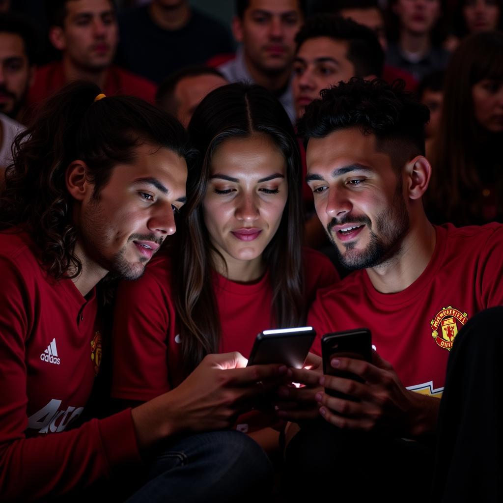 Fans eagerly reading the latest Man Utd news on their phones