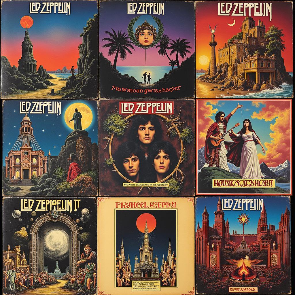 A collage of iconic Led Zeppelin album covers