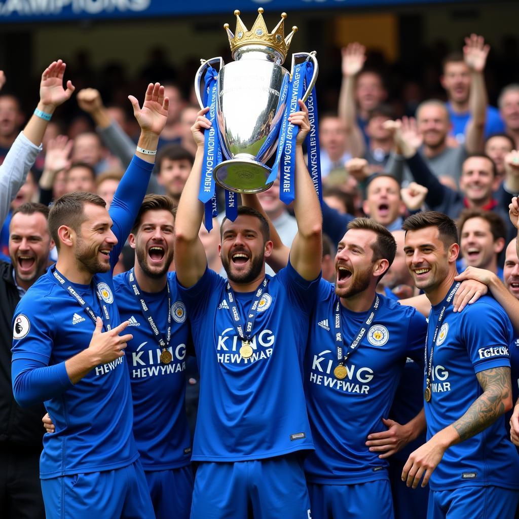 Leicester City players celebrate with fans